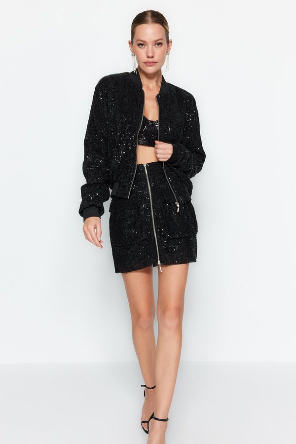 Trendyol Trendyol Black Knitted Shimmer Sequin Sequin Bomber Jacket