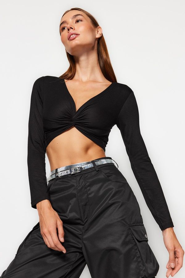 Trendyol Trendyol Black Knot Detailed Fitted V-Neck Crop Stretchy Knitted Blouse