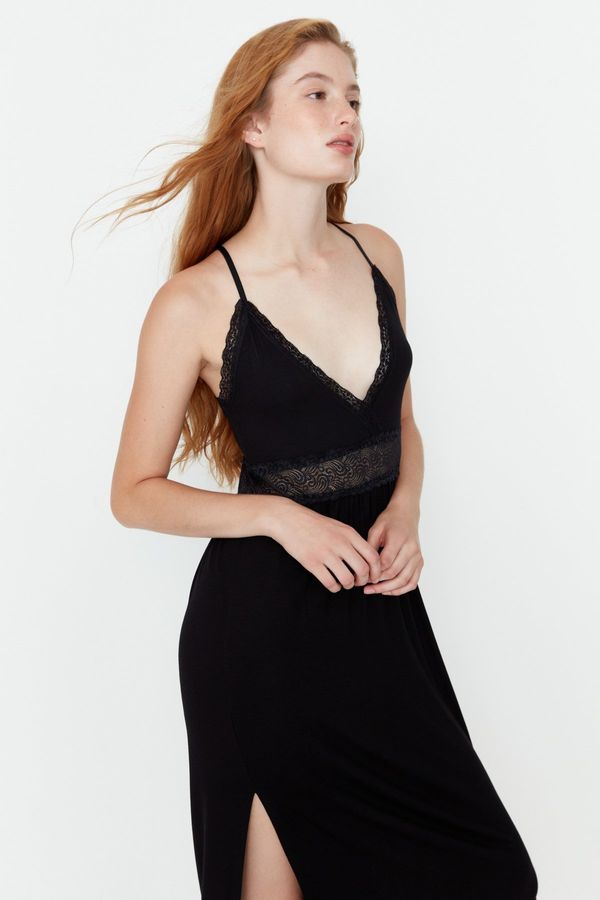 Trendyol Trendyol Black Lace Back Detail and Slit Detail Rope Strap Knitted Nightgown