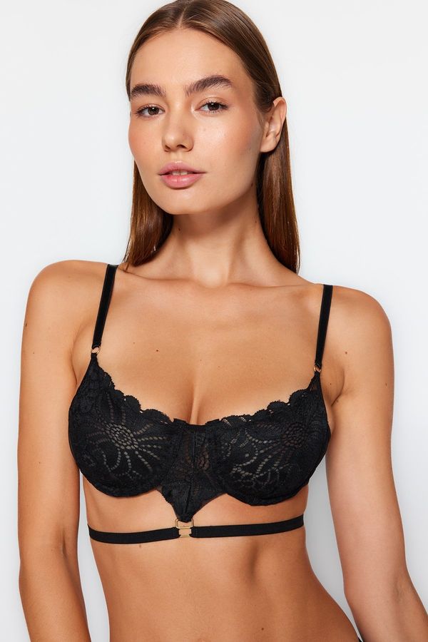 Trendyol Trendyol Black Lace Capless Underwire Knitted Bra with Piping Detail