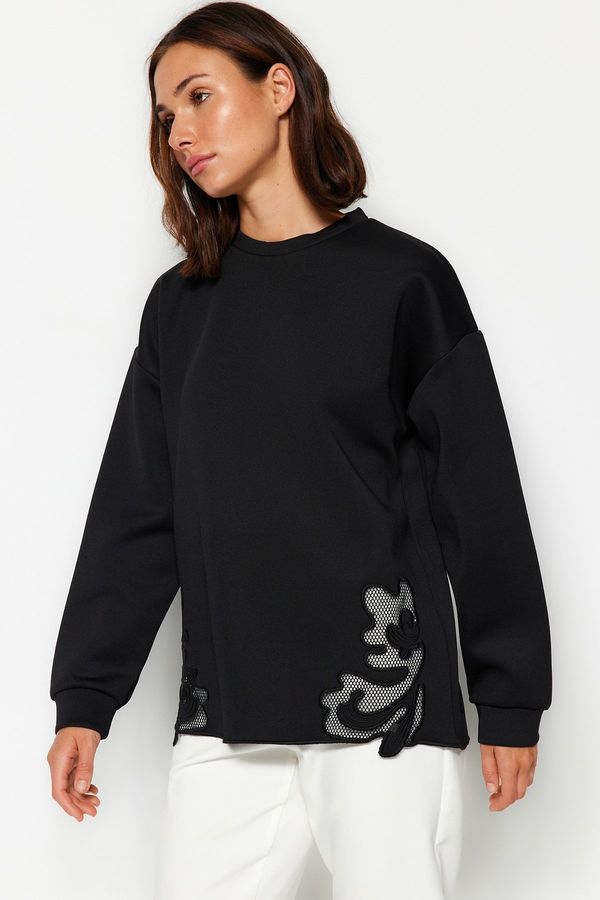 Trendyol Trendyol Black Lace Detail Diver/Scuba Knitted Sweatshirt