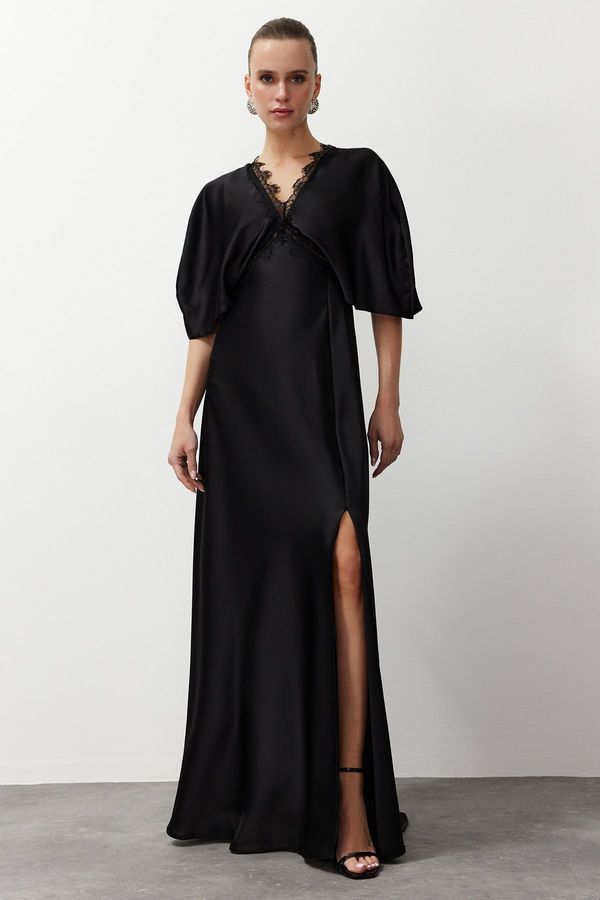 Trendyol Trendyol Black Lace Detailed Satin Long Evening Dress
