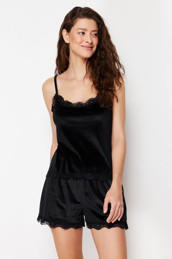 Trendyol Trendyol Black Lace Detailed Velvet Knitted Pajamas Set