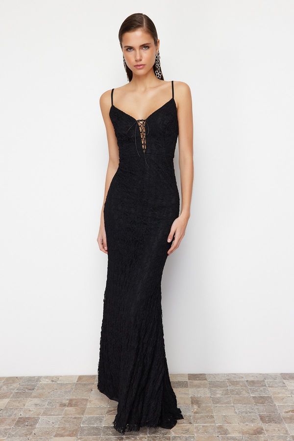 Trendyol Trendyol Black Lace Long Evening Dress with Binding Detail on the Chest