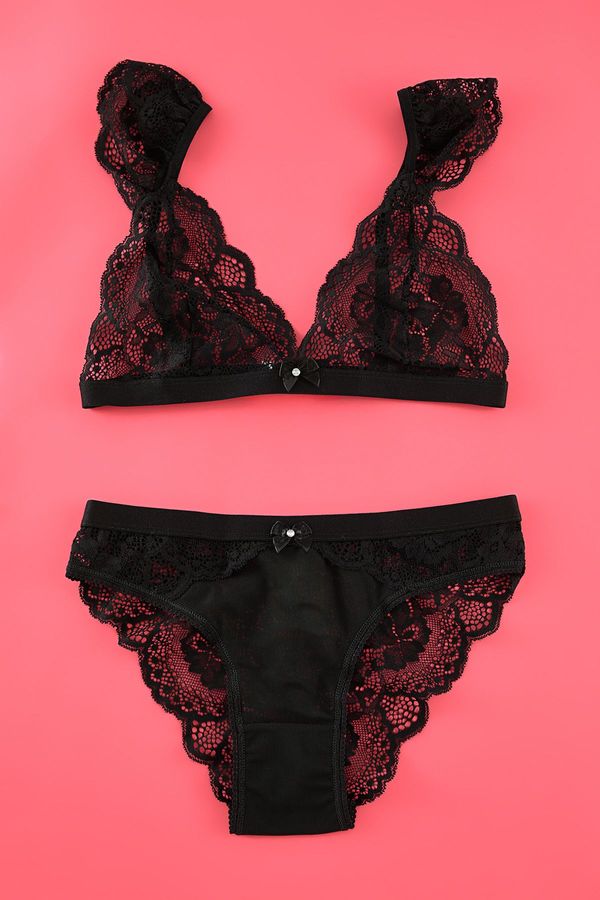 Trendyol Trendyol Black Lace Ribbon/Bow Uncovered Knitted Lingerie Set