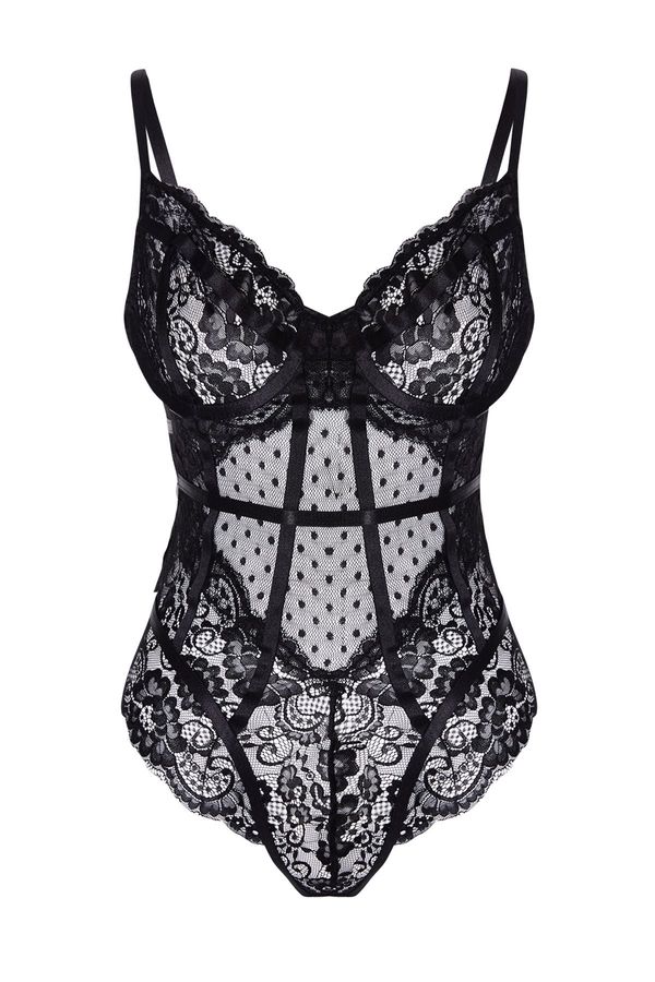 Trendyol Trendyol Black Lace Rope Strap Snap Knitted Bodysuit