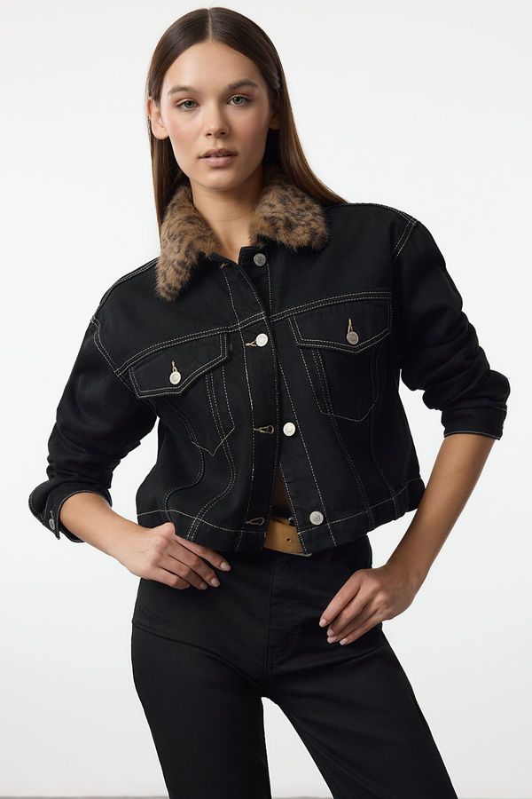 Trendyol Trendyol Black Leopard Fur Collar Detailed Crop Denim Jacket