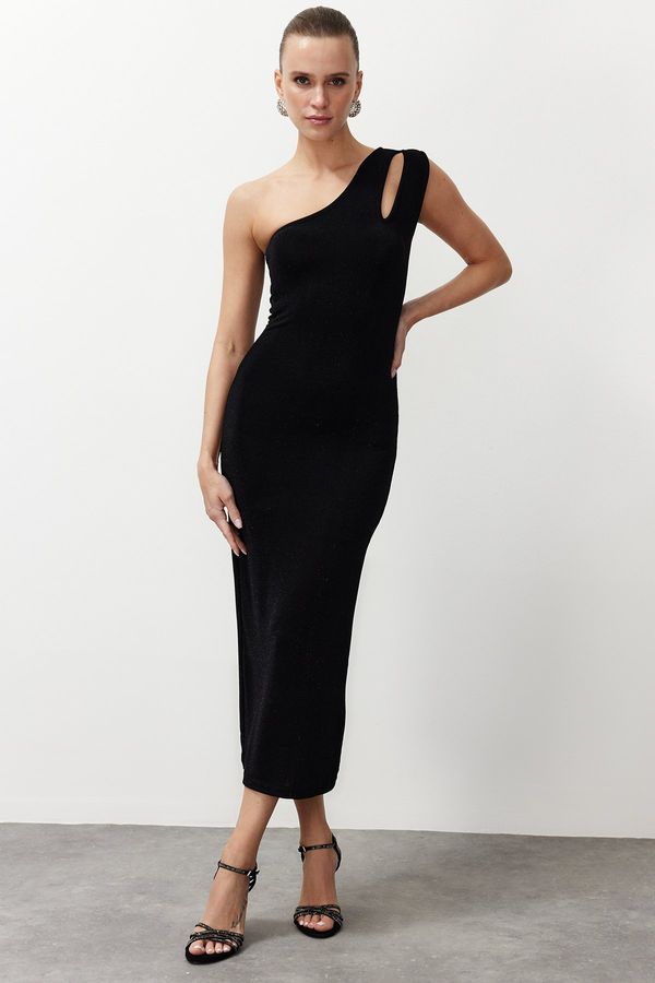 Trendyol Trendyol Black Lined Shiny Lurex Knitted Elegant Evening Dress