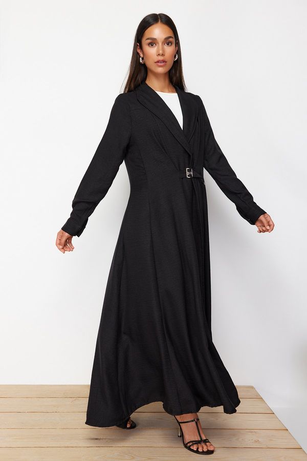Trendyol Trendyol Black Linen Look Woven Dress with Belt Detail on the Front