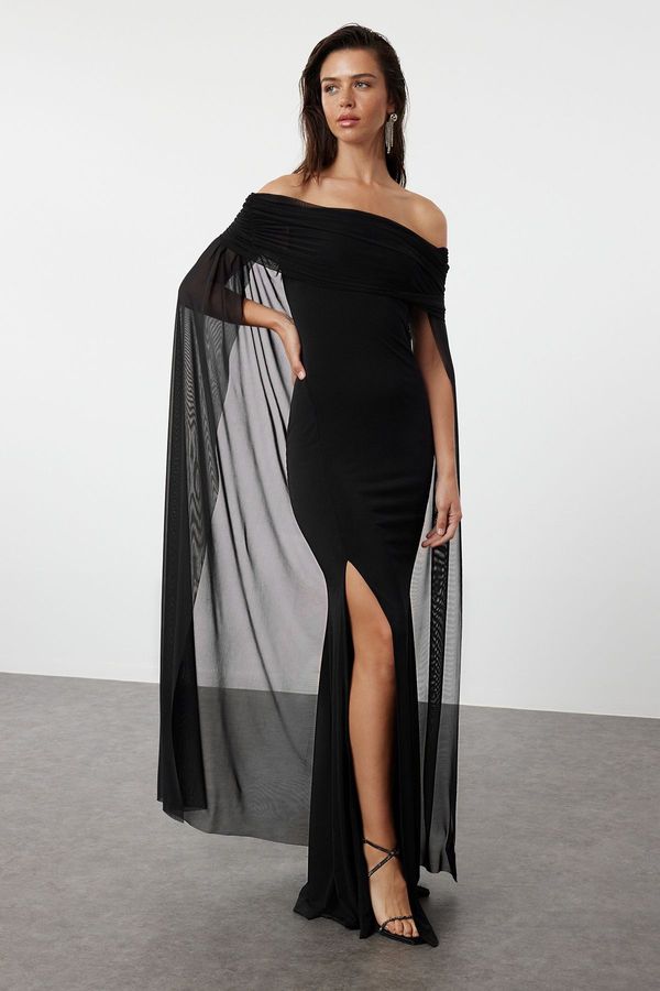 Trendyol Trendyol Black Long Knitted Tulle Cape Detailed Evening Evening Dress