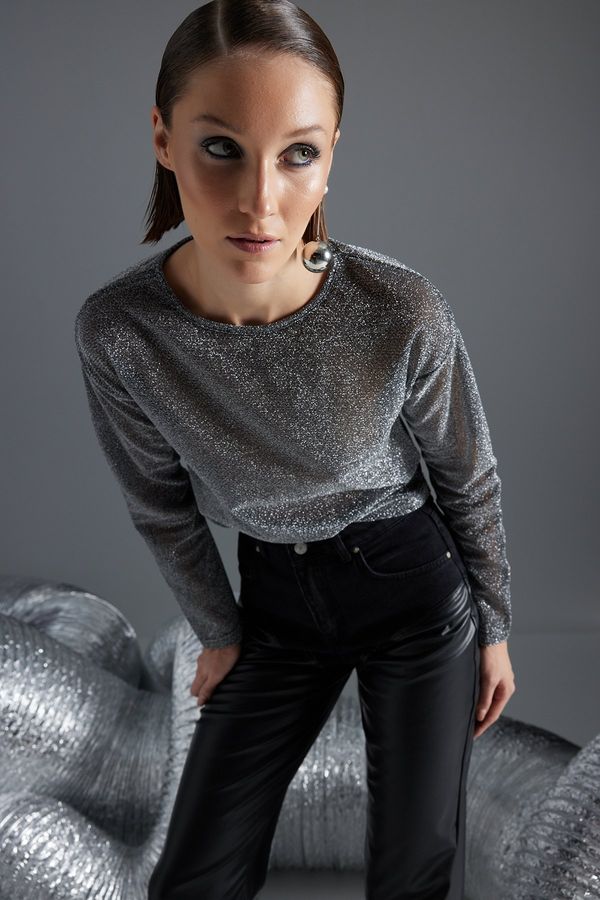 Trendyol Trendyol Black Lurex Crew Neck Regular/Regular Fit Sheer Tulle Knitted Blouse