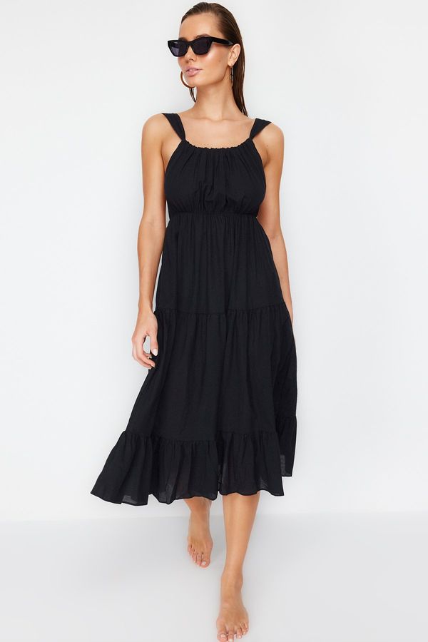 Trendyol Trendyol Black Maxi Woven Gathered 100% Cotton Beach Dress