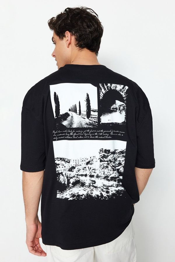Trendyol Trendyol Black Men's Oversize/Wide Cut 100% Cotton Crew Neck T-Shirt with Photo Print.