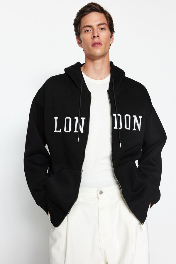 Trendyol Trendyol Black Men's Oversize/Wide-Cut City Embroidery Hooded Cotton Sweatshirt-cardigan