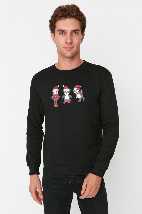 Trendyol Trendyol Black Men's Regular/Normal Cut Christmas Themed Printed Fleece Inside Sweatshirt