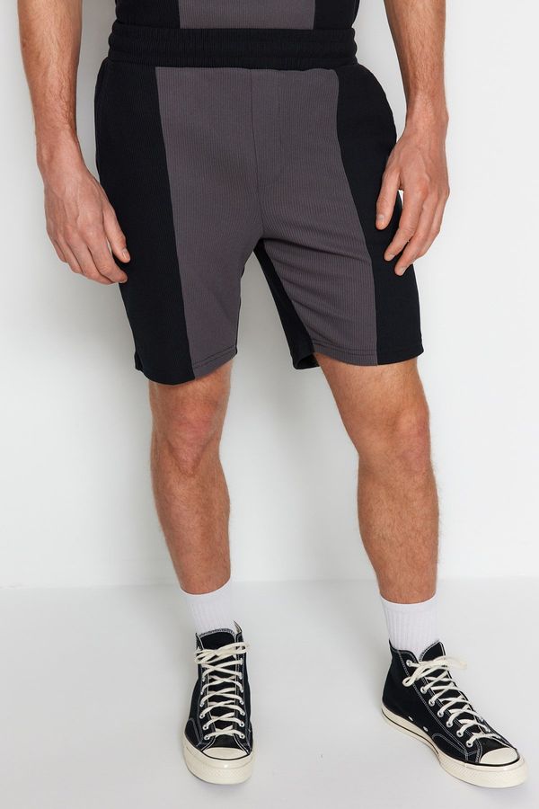 Trendyol Trendyol Black Men's Regular/Normal Wear, Medium Length Textured Ottoman Color Block Shorts.