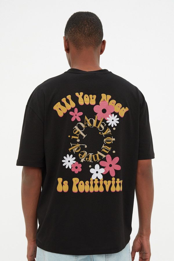Trendyol Trendyol Black Men's Relaxed/Comfortable Cut 100% Cotton Crew Neck Floral Printed T-Shirt