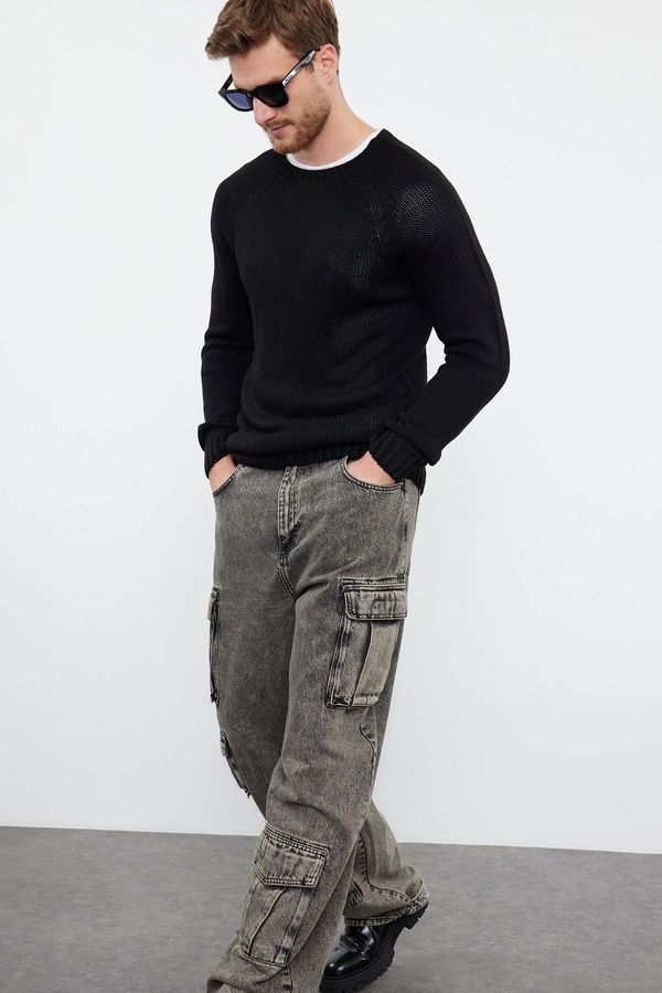 Trendyol Trendyol Black Men's Slim Fit Crew Neck Raglan Sleeve Seamless Basic Knitwear Sweater