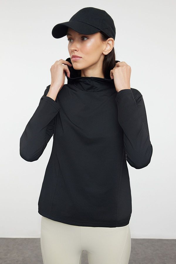 Trendyol Trendyol Black Micro Reflective Print Detailed Hooded Knitted Sports Top/Blouse