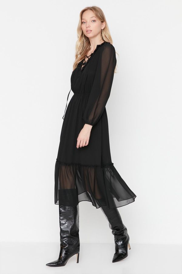 Trendyol Trendyol Black Midi A-Line Woven Collar Laced Chiffon Woven Dress