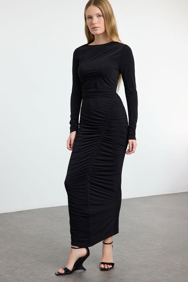 Trendyol Trendyol Black Midi Gathered/Draped Detailed Fitted Stretch Knit Dress