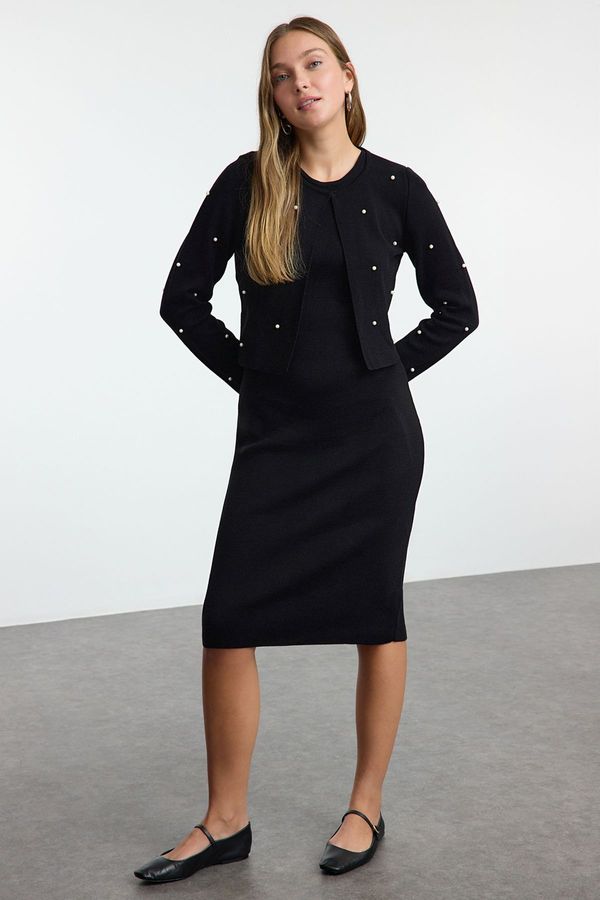 Trendyol Trendyol Black Midi Knit Stone Embroidered Dress-Cardigan Dress