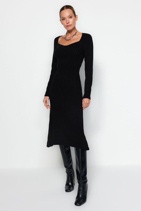 Trendyol Trendyol Black Midi Knitwear Sweetheart Neckline Dress