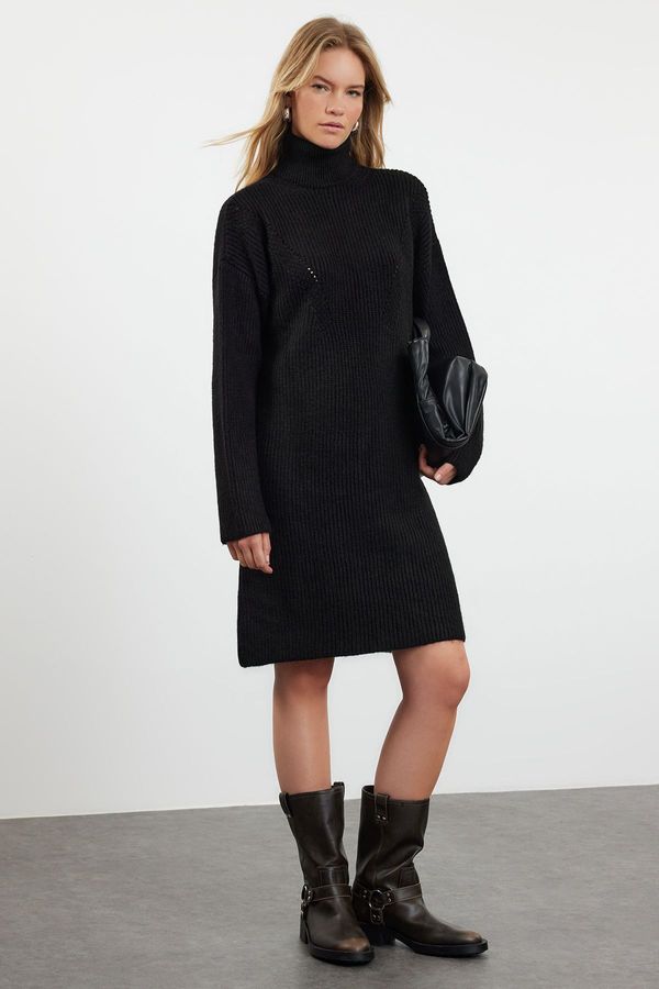 Trendyol Trendyol Black Mini Knitwear Stand Collar Soft Textured Sweater Dress