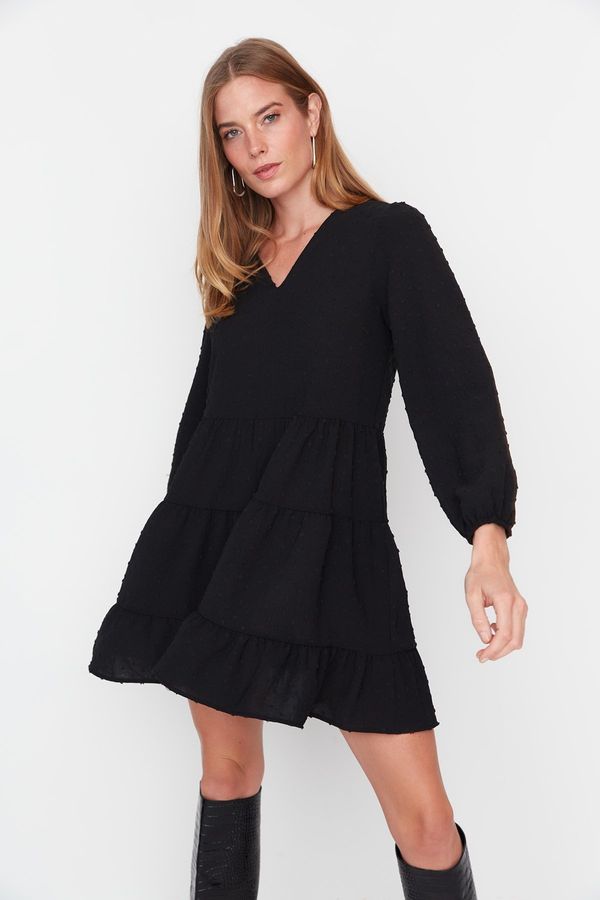 Trendyol Trendyol Black Mini Wide Cut Textured Flounce Woven Dress