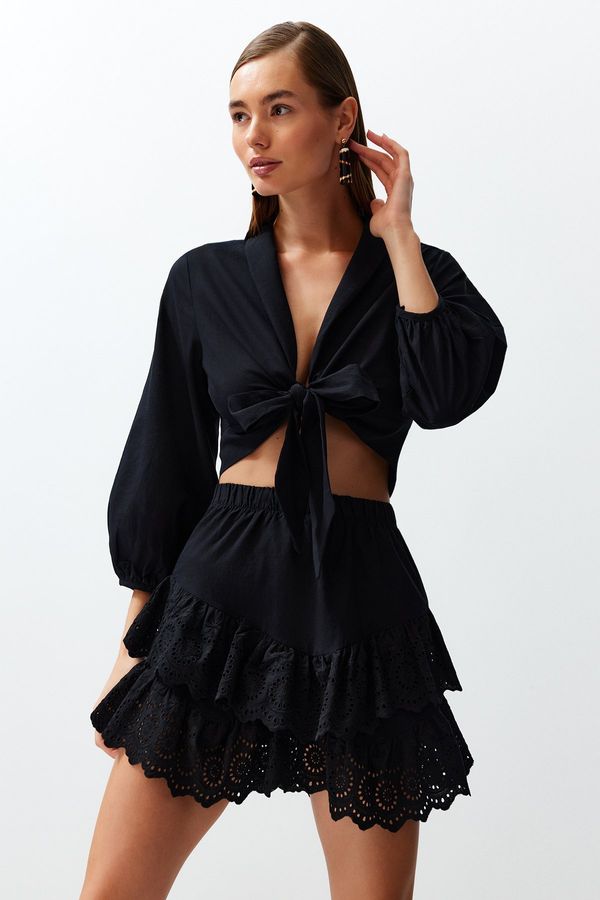 Trendyol Trendyol Black Mini Woven Ruffled 100% Cotton Skirt