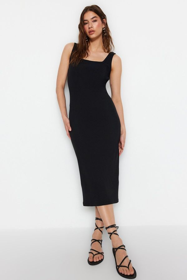 Trendyol Trendyol Black More Sustainable Snapshot, Square Collar Straps Ribbed Mini, Flexible Knitted Dress