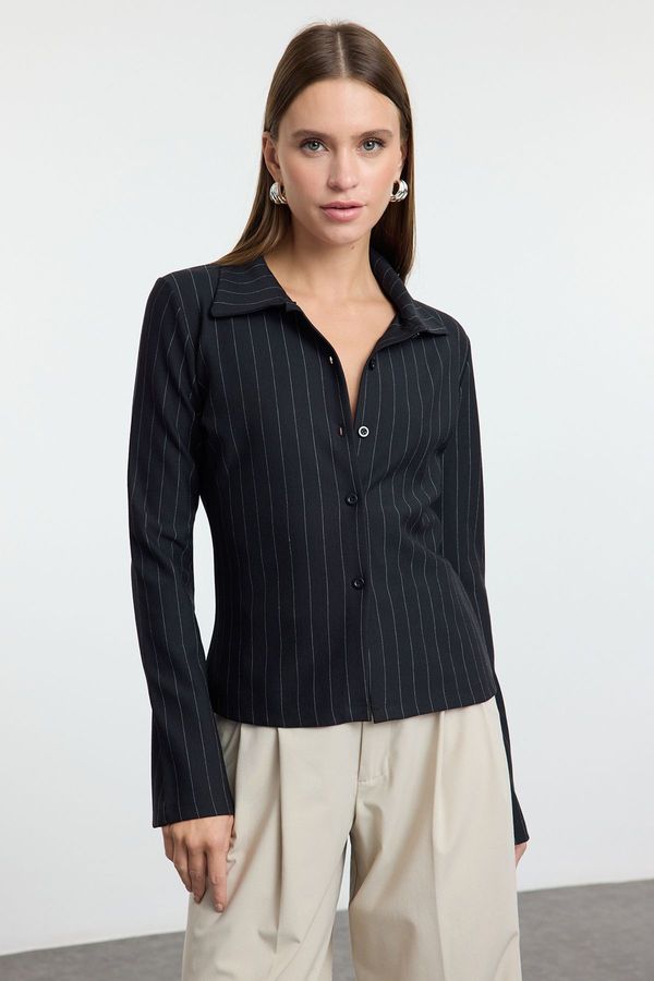 Trendyol Trendyol Black More Sustainable Striped Shirt Collar Fitted Knitted Blouse