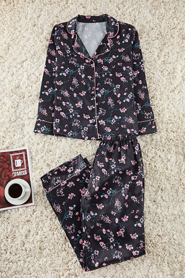 Trendyol Trendyol Black-Multicolored Floral-Piece Satin Woven Pajama Set