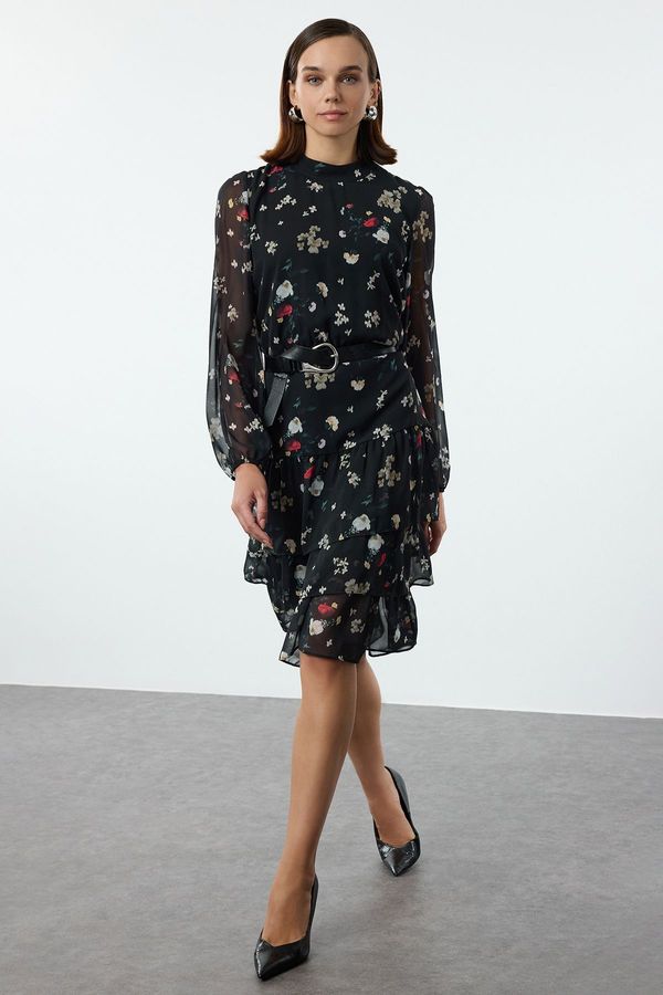 Trendyol Trendyol Black-Multicolored Floral Skater Ruffle Midi Woven Winter Dress