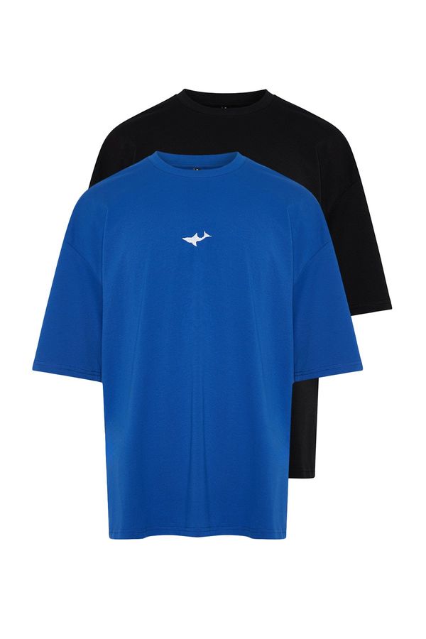 Trendyol Trendyol Black-Navy Blue 2 Pack Oversize/Wide Cut Animal Embroidered 100% Cotton T-Shirt
