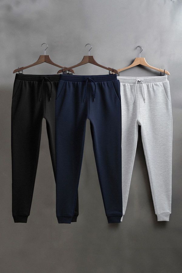 Trendyol Trendyol Black-Navy Blue-Grey Melange Basic 3 Pack Sweatpants