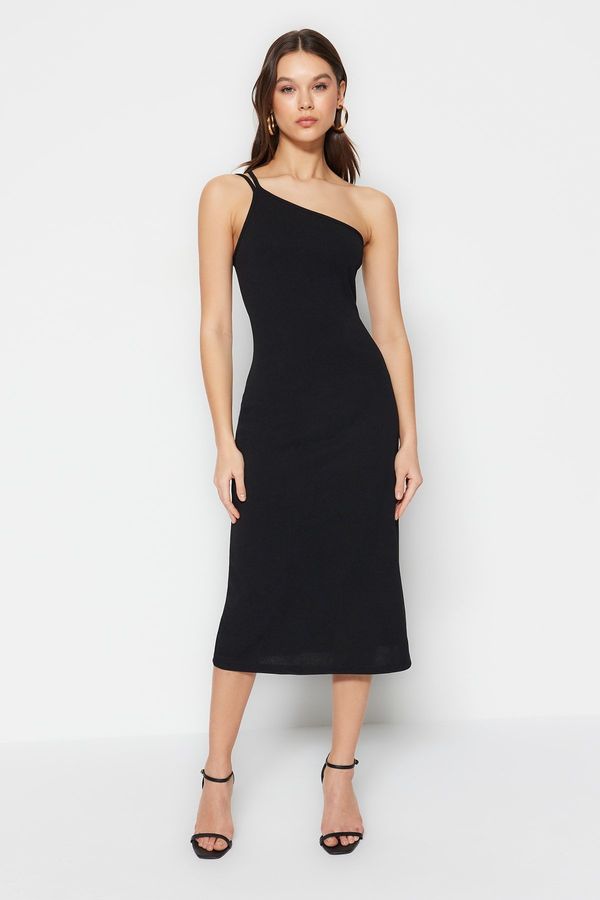 Trendyol Trendyol Black One-Shoulder A-Line/A-Line Form Midi Smart Crepe Strappy Knitted Dress