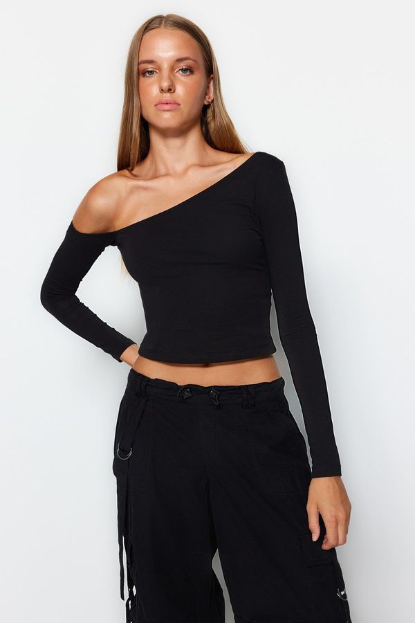 Trendyol Trendyol Black One-Shoulder Cotton Elastic Fitted/Situated Crop Knitted Blouse