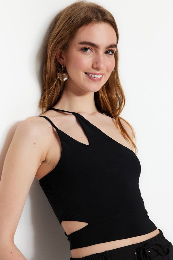 Trendyol Trendyol Black One Shoulder Cut Out Detailed Fitted Crop Stretchy Knitted Blouse