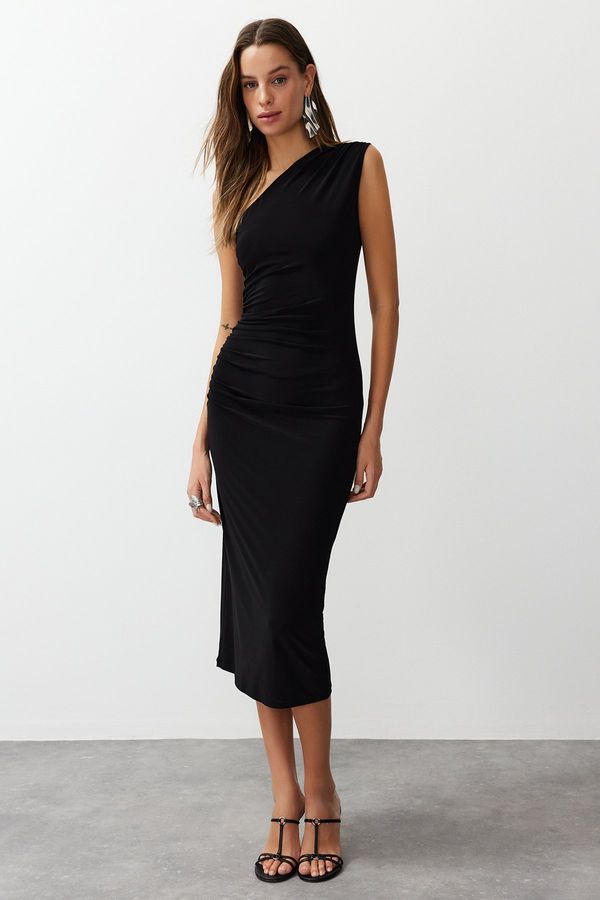Trendyol Trendyol Black One Shoulder Draped Fitted Flexible Knitted Midi Pencil Dress