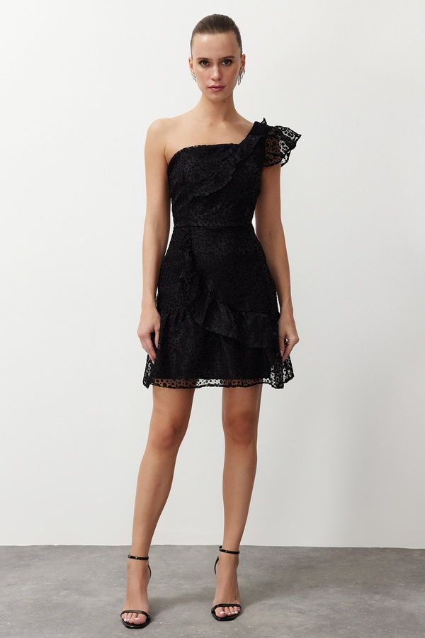 Trendyol Trendyol Black One Sleeve Skater/Belt Opening Lace Elegant Evening Dress