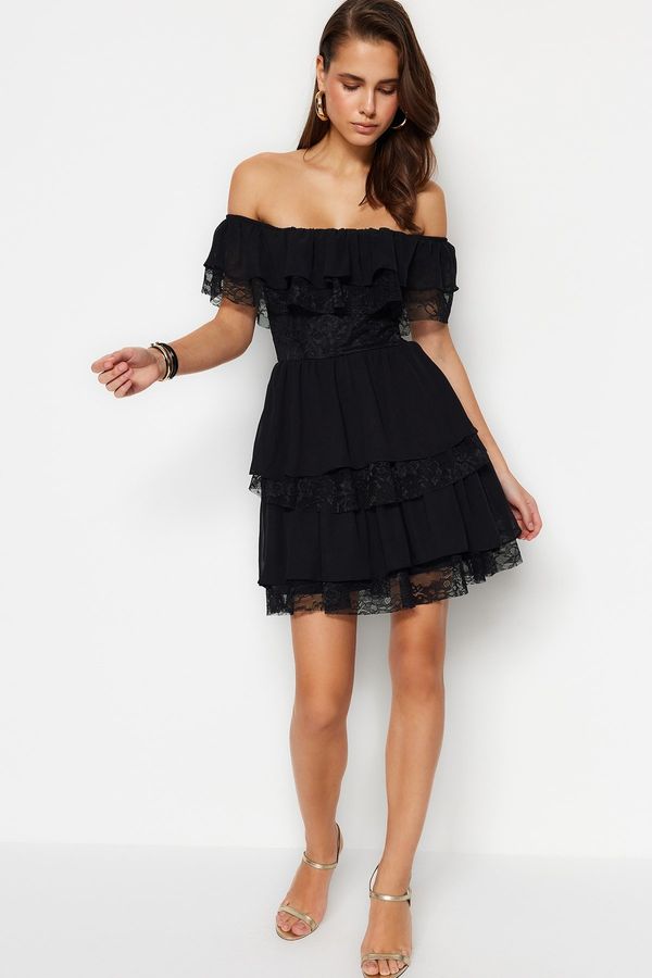 Trendyol Trendyol Black Open Waist/Skater Lined Chiffon Elegant Evening Dress