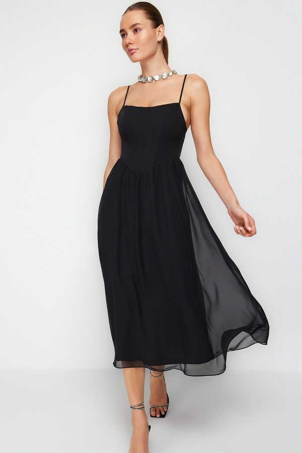 Trendyol Trendyol Black Open Waist/Skater Lined Corset Detailed Tulle Elegant Evening Dress