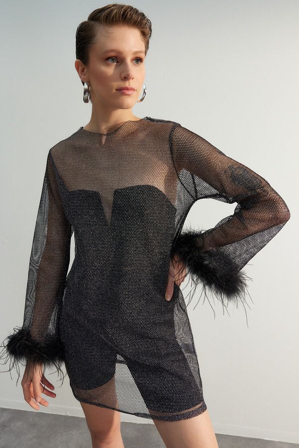 Trendyol Trendyol Black Otrisch Detailed Mesh Elegant Evening Dress