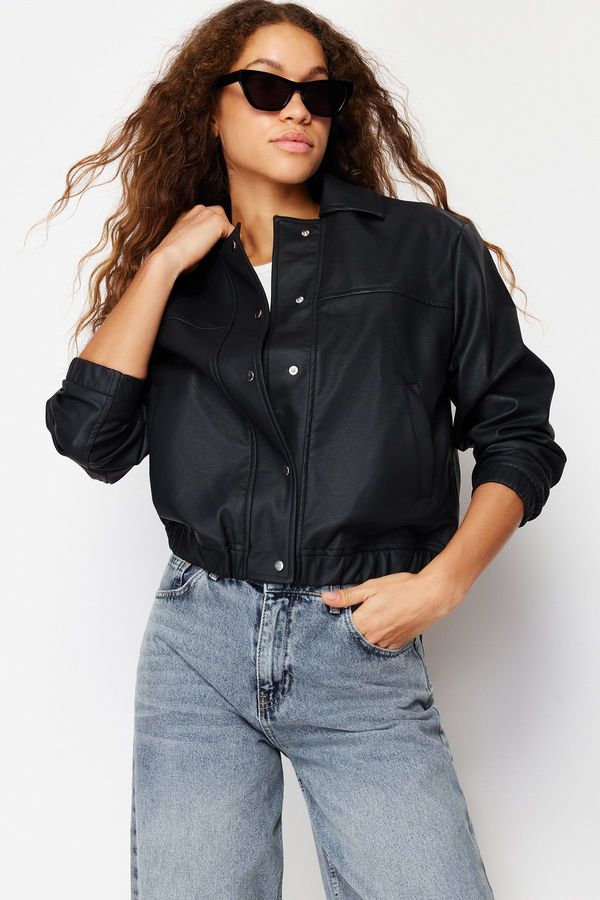 Trendyol Trendyol Black Oversize Faux Leather Bomber Jacket Coat