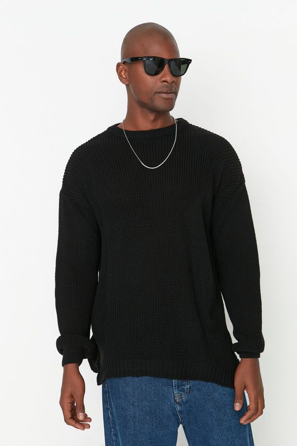 Trendyol Trendyol Black Oversize Fit Wide Fit Crew Neck Slit Knitwear Sweater