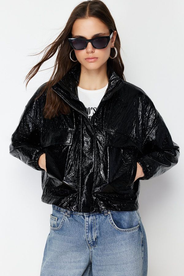 Trendyol Trendyol Black Oversize Shiny Patent Leather Thin Jacket Coat