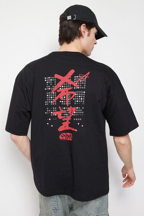 Trendyol Trendyol Black Oversize Short Sleeve Far East Embroidered/Back Printed T-shirt