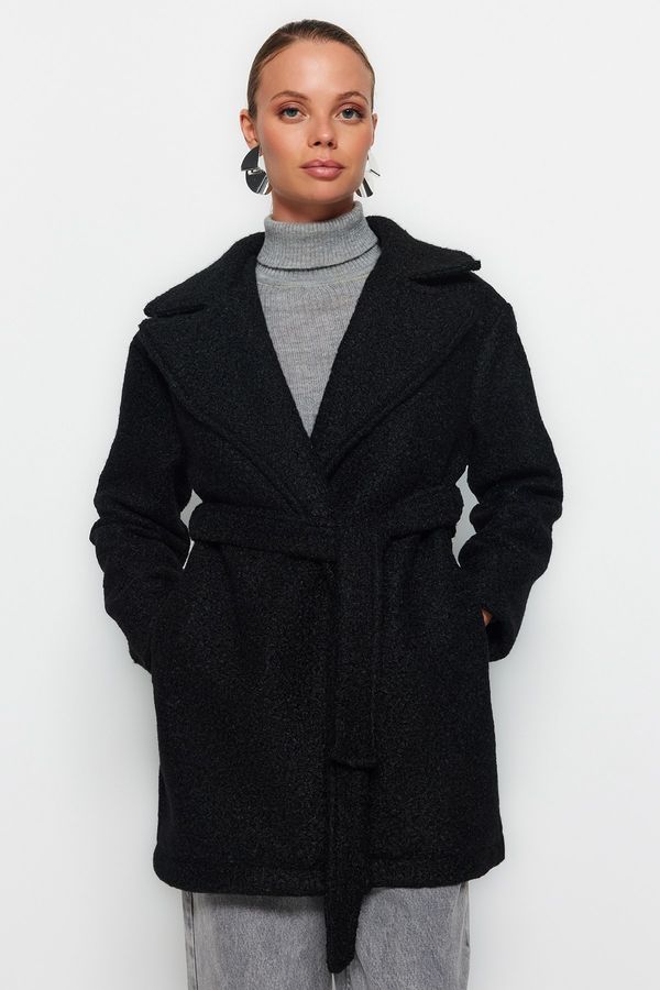 Trendyol Trendyol Black Oversize Wide-Cut Belted Boucle Coat