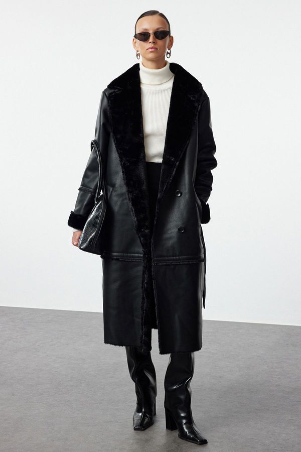 Trendyol Trendyol Black Oversize Wide Cut Belted Fur Collar Detail Long Faux Leather Coat